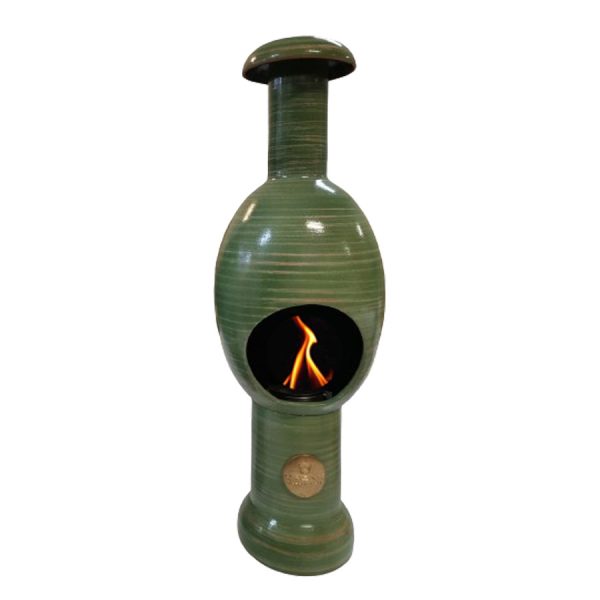 Caminetto a bioetanolo da pavimento modello EGG Eco Fireplaces in ceramica e acciaio inox verde a righe Trona Greenterest