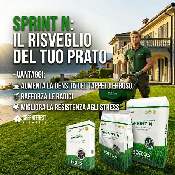 Sacchi di concime per prato SPRINT N Bottos. Concime da 2 Kg, concime da 10 Kg e concime da 25 Kg su un prato con piscina.